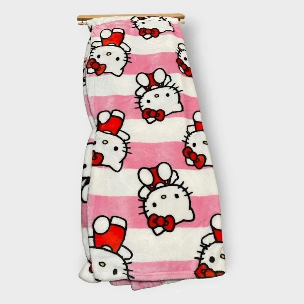 Hello Kitty Striped Pink White Silk Touch Throw Blanket Brand New with Tags